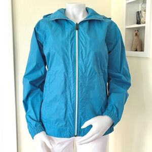 Columbia teal blue rain jacket wind breaker with hidden roll up hood